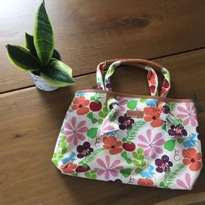 Floral canvas Longchamp tote w/ brown leather trim